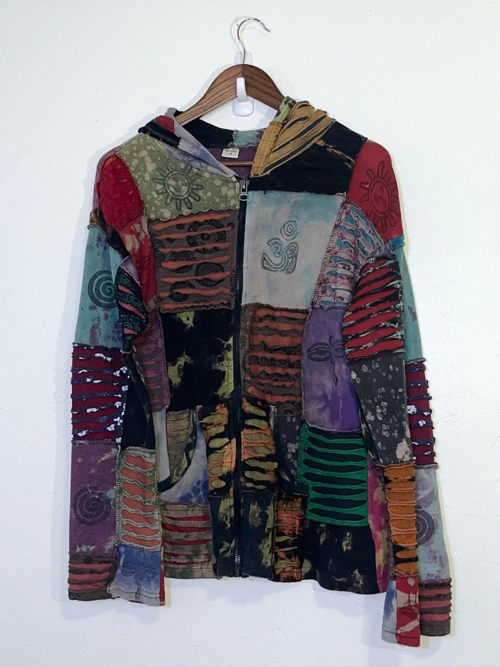 Handmade Nepal Boho Patchwork Razor-Cut Festival Hoodie Jacket - Picture 2 of 7